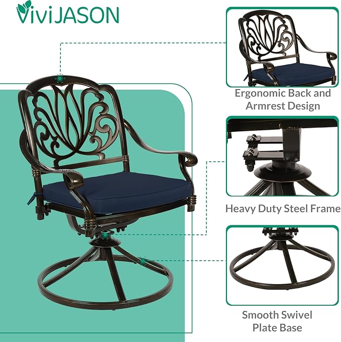 VIVIJASON 5-Piece Outdoor Patio Dining Set, All-Weather Cast Aluminum Conversation Set, Patio Furniture Set, Include 4 Swivel Dining Chairs, a 35.4" Round Table w/Umbrella Hole, Navy Blue Cushion