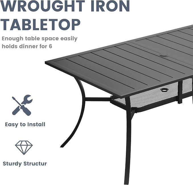 VICLLAX 7 Pieces Patio Outdoor Dining Set, 59" Metal Dining Table with Umbrella Hole and 6 Swivel Textilene Chairs for Lawn,Garden,Porch,Black/Brown