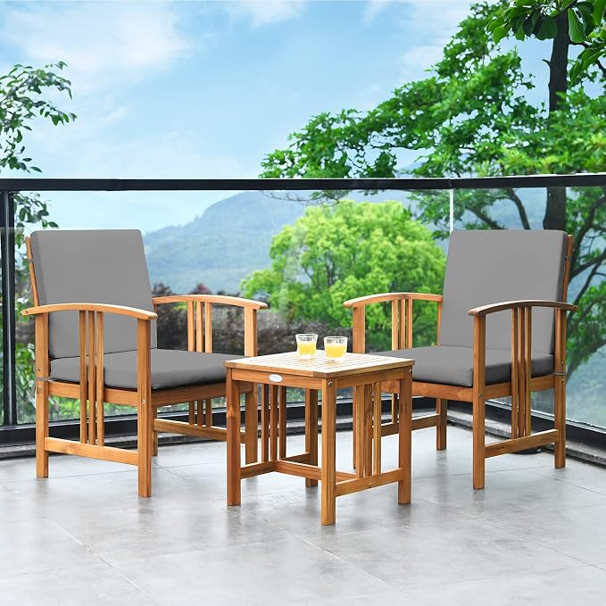 Tangkula 3 Pieces Patio Furniture Set, Includes Set of 2 Outdoor Acacia Wood Cushioned Chairs and Coffee Table, for Garden, Backyard, Poolside, Bistro and Deck, Patio Conversation Chat Set (Gray)