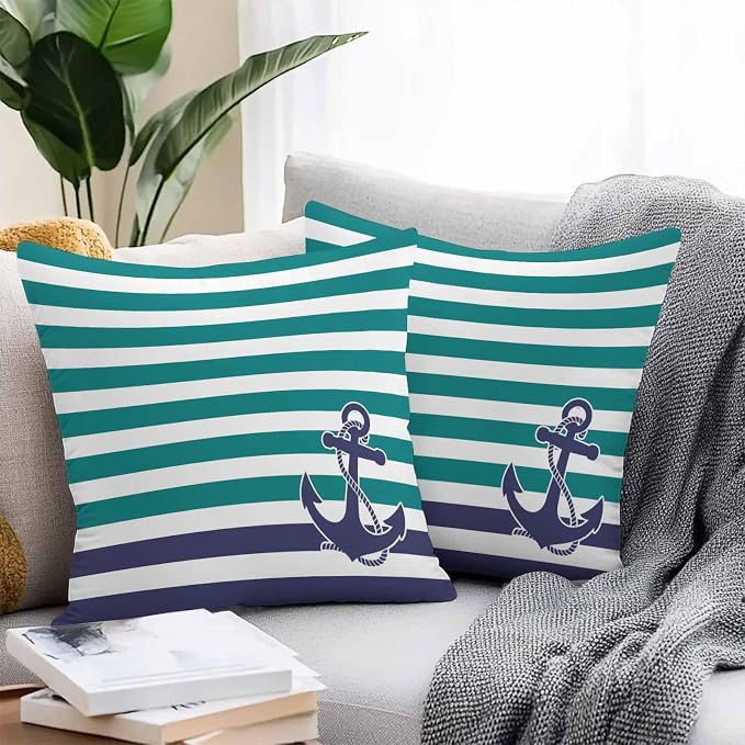Throw Pillow Covers 24x24 Inch Set of 2, Anchor Teal Waterproof Outdoor Cushion Covers, Modern Navy Blue White Striped Nautical Decorative Pillowcases for Couch, Sofa, Bed, Garden, Patio