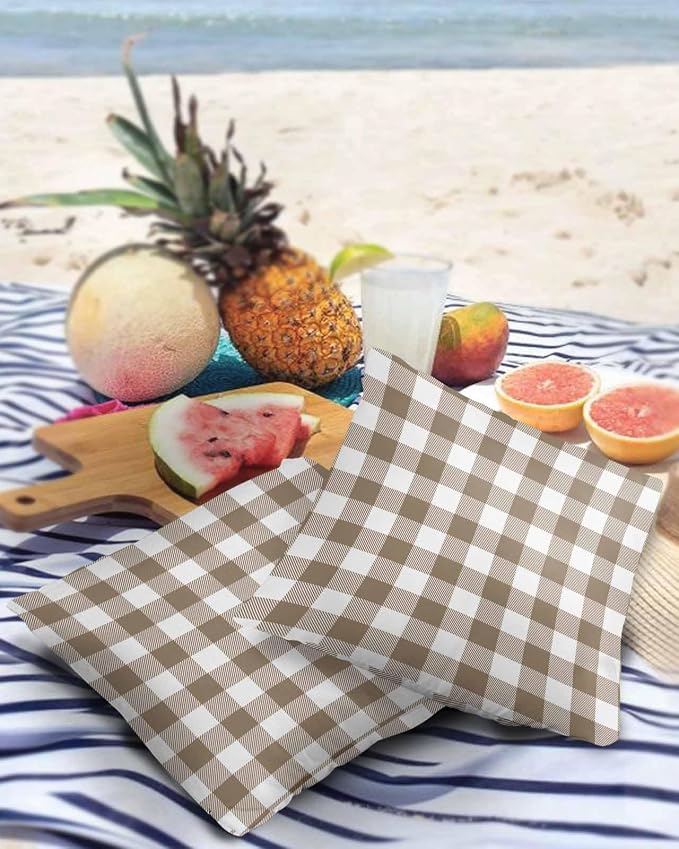 Outdoor Waterproof Throw Pillow Covers Set of 2 Light Brown Buffalo Check Plaid Pillowcases 26x26 Inches Farmhouse Style Patio Decorative Pillows Cushion Case Patio Pillows for Couch Bed Chair Garden