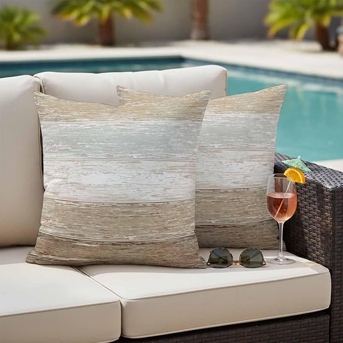 Brown Gray Outdoor Pillow Covers 20"x20" Set of 2, White Gradient Rustic Striped Minimalist Country Waterproof Throw Pillow Covers for Patio Furniture, Decorative Cushion Covers for Porch