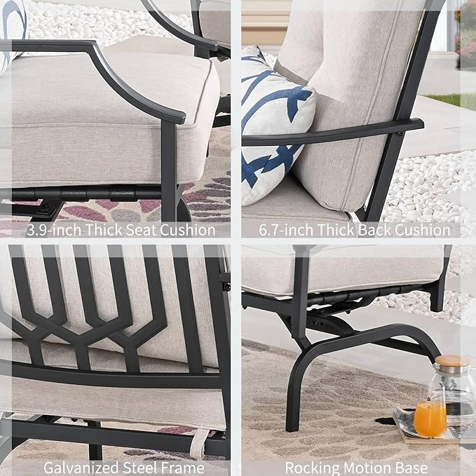 Patio Conversation Set 4 Pieces Metal Outdoor Furniture Sets Outside Loveseat with Rocking Chairs Coffee Table Thick Cushions (Beige)