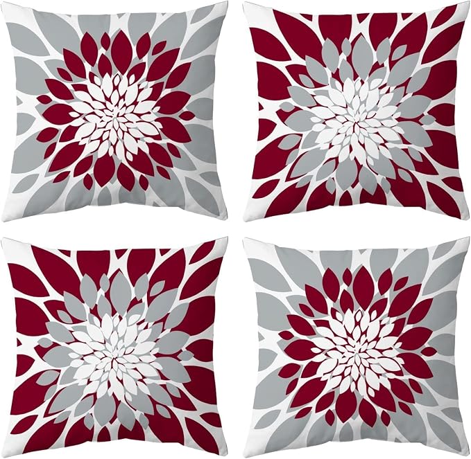 Pack of 4 Outdoor Waterproof Pillow Covers 16x16 Decorative Outdoor Throw Pillows Garden Square Cushion Cases for Patio Furniture, Couch, Tent Sunbrella, Bench, Burgundy Red Grey