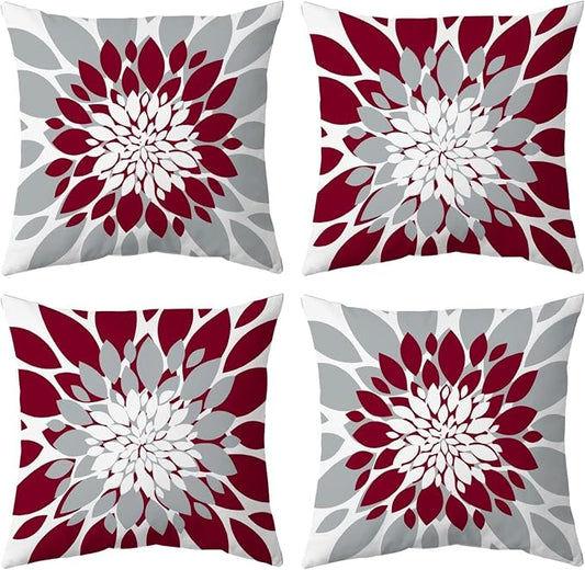 Pack of 4 Outdoor Waterproof Pillow Covers 16x16 Decorative Outdoor Throw Pillows Garden Square Cushion Cases for Patio Furniture, Couch, Tent Sunbrella, Bench, Burgundy Red Grey