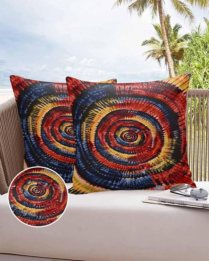 Vandarllin Outdoor Throw Pillows Covers 26x26 inch Set of 2 Waterproof Yellow Black Tie-Dye Art Decorative Zippered Cushion Covers for Patio Furniture, Abstract Boho Tribe Lumbar Pillowcases