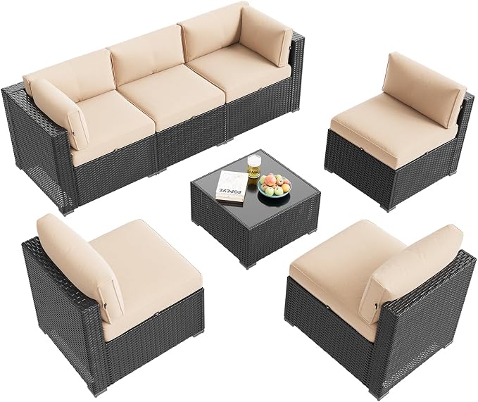 Aoxun Patio Furniture Set, 7 Piece Outdoor Sectional Sofas with Waterprool Cover, Wicker Rattan Outdoor Furniture Patio Conversation Set for Backyard, Garden Beige