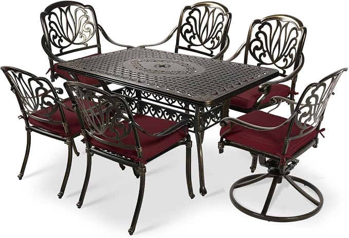 VIVIJASON 7 Pieces Cast Aluminum Outdoor Furniture Dining Set, Patio Conversation Set, Include 4 Stationary Chairs, 2 Swivel Dining Chairs and a Rectangle Table with 2" Umbrella Hole, Red Cushion