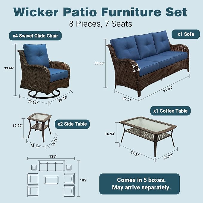 Patio Furniture Set, 8PCS Outdoor Wicker Conversation Set with 6" Thick Cushions, High Back Rattan Sofa & Swivel Rocker Chairs, Weather Resistant Olefin Fabric for Garden, Poolside, Navy Blue