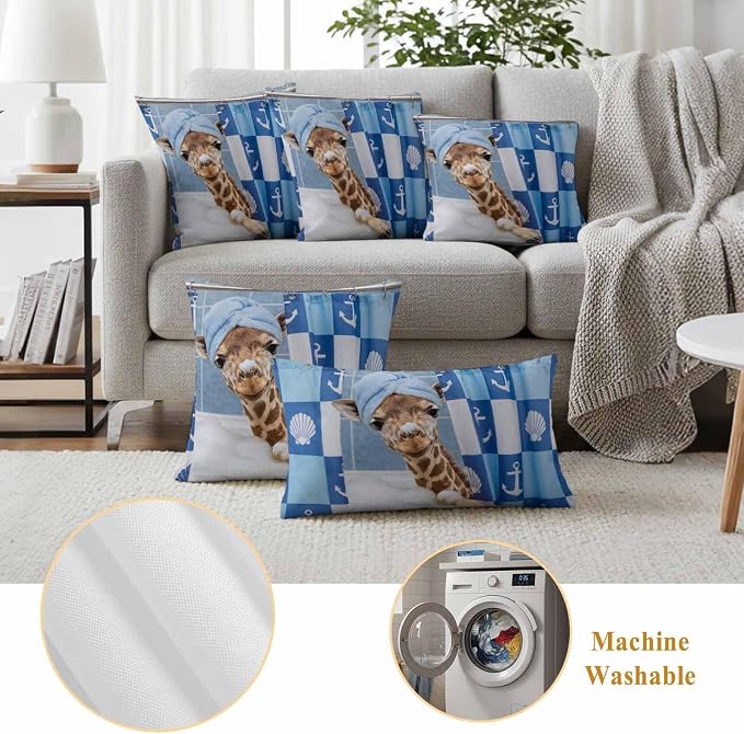Bathing Giraffe Waterproof Outdoor Pillow Covers Set of 2 Home Decor, Funny Animal Showering Pillowcase Patio Pillow Covers for Couch Bench Patio Furniture Garden 24x24in