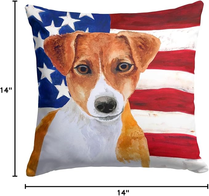 Caroline's Treasures BB9689PW1414 Jack Russell Terrier Patriotic Fabric Decorative Pillow Machine Washable, Indoor Outdoor Decorative Pillow for Couch, Bed or Patio, 14Hx14W