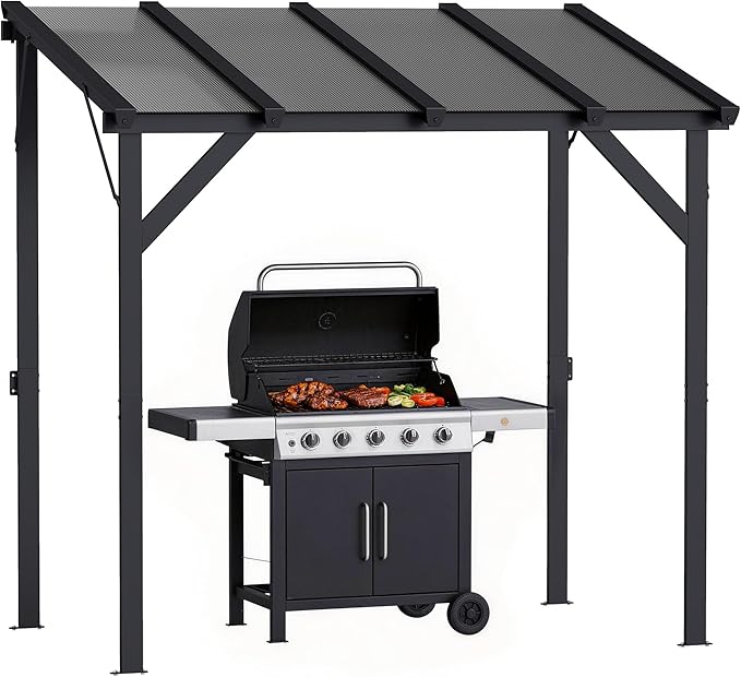 Outsunny 8' x 5' Hardtop Grill Gazebo, Lean-to BBQ Gazebo Shelter, Wall-Mounted Pergola with Polycarbonate Roof and Steel Frame, for Outdoor, Patio, Lawn, Garden, Patio, Backyard