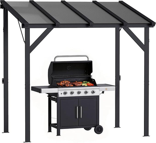 Outsunny 8' x 5' Hardtop Grill Gazebo, Lean-to BBQ Gazebo Shelter, Wall-Mounted Pergola with Polycarbonate Roof and Steel Frame, for Outdoor, Patio, Lawn, Garden, Patio, Backyard