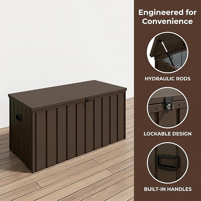 200 Gallon Outdoor Metal Storage Deck Box, Rolling Lockable Utility Bin, Waterproof UV Protected Large Storage Chest for Patio Garden Backyard Yard,Brown