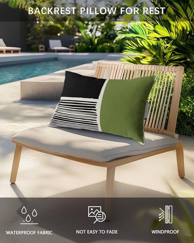Pack of 4 Outdoor Lumbar Pillow Covers 12x20 Inch, Sage Green Black Waterproof Throw Pillow Covers Set, Farmhouse Striped Modern Abstract Art Outside Decorative Cushion Cases for Patio Porch Car