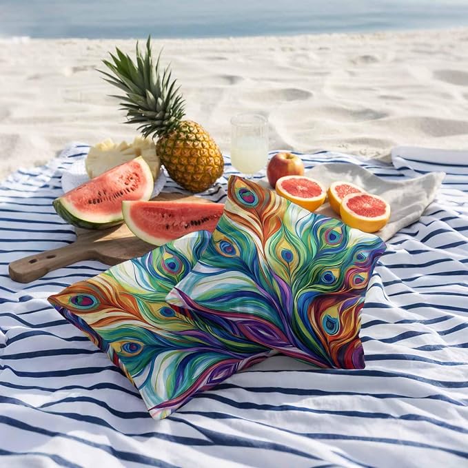 Colorful Peacock Feathers Outdoor Pillow Covers 18x18 Inch Throw Pillow Covers Set of 2 Waterproof Decorative Pillow Cases Oil Painting Abstract Art Cushion Covers for Patio Furniture Garden Couch