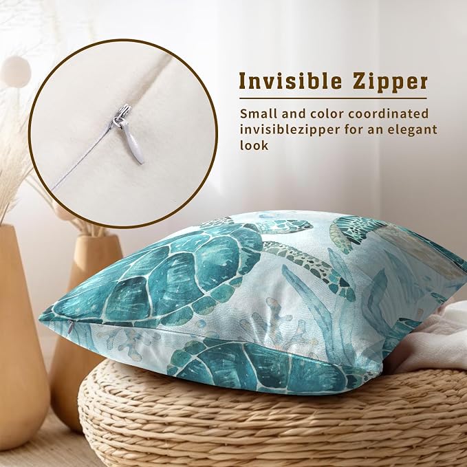 Sea Turtle Throw Pillow Covers 16 x 16 Inch Set of 2 - Ocean Animal Themed Decorative Pillows Soft Cotton Linen Cushion Cases for Couch Sofa Chair Bedroom Outdoor Home Decor