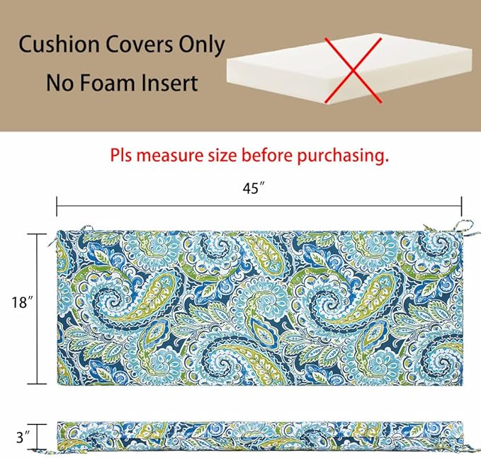 Magpie Fabrics Patio Bench Cushion Cover 45x18x3 Inch, NO Insert! Water&Fade Resistant Outdoor Loveseat Replacement Cover with Zipper (Paisley Lapis Green)