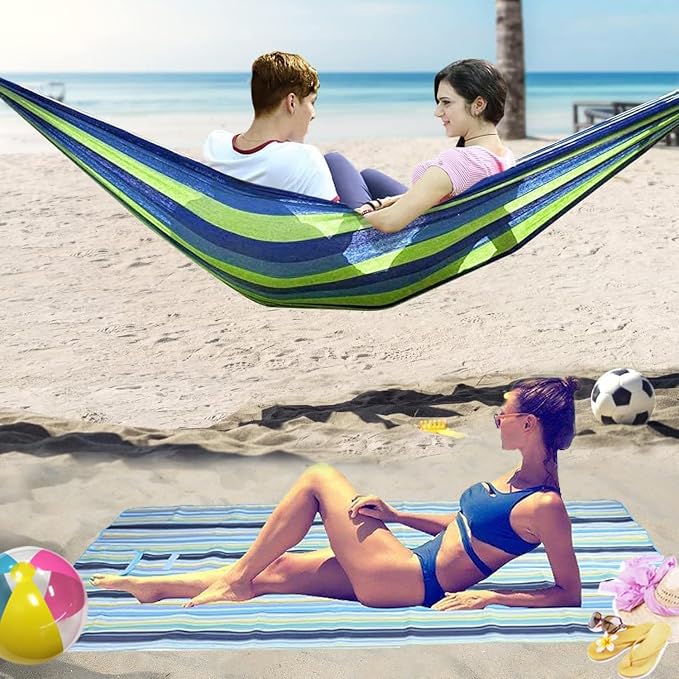 Portable Swing Cotton Stripe with Strong Hammocks Rope Beach Sleeping Bed Backpack Spreader Bar Tree Hanging for Travel Garden Striped Ultralight Outdoor Jula Camping Hammock (Multicolor)-Set 1
