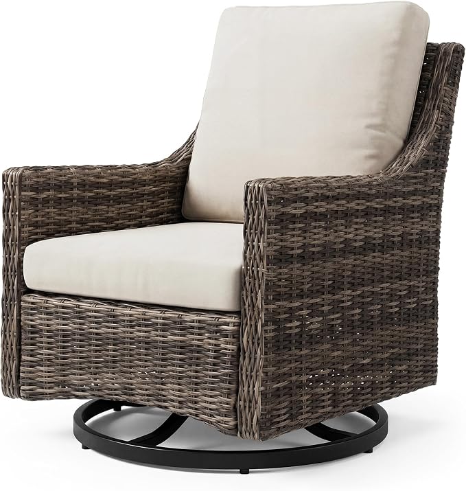 Outdoor Swivel Rocker Patio Chair with Premium Cushion, High Back Wicker Patio Swing Glider for Deck, Porch, Patio and Poolside (Beige, 1 Pcs - Swivel Glider)