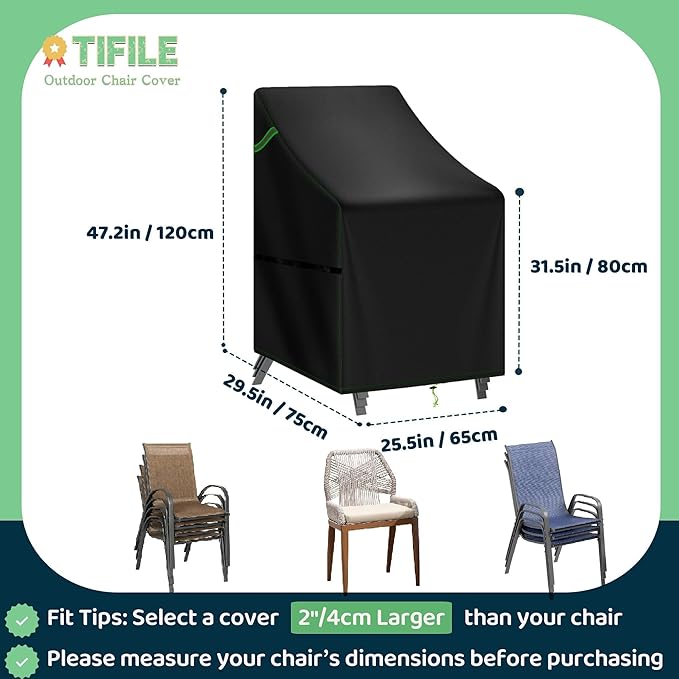 Stackable Patio Chair Covers Waterproof 2 Pack, 420D Outdoor Chair Covers for High Back Stacking Chairs, Fits 4-6 Chairs, 25.6" L x 29.5" W x 47" H, Black