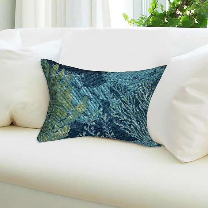 Liora Manne Marina Indoor/Outdoor Power Loomed Easy Care Pillow - Transitional Graphic Botanical Beach Colorful (Coral Garden Lapis) (12" x 18")