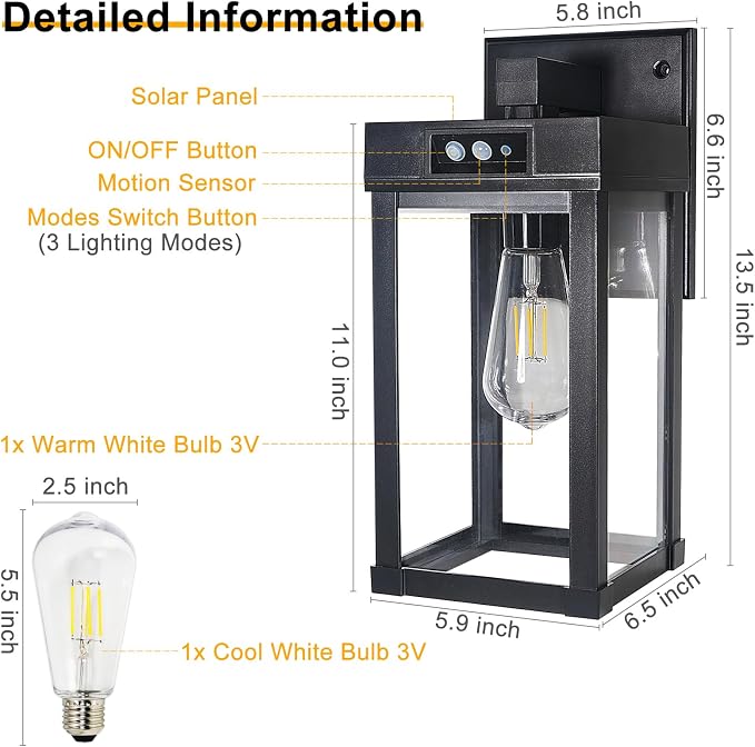 Solar Wall Lights Outdoor, Solar Sconce Lantern with 3 Lighting Modes | Motion Sensor, Porch Light Fixture Outside Waterproof with Clear Panel for Garage Yard Front Door Shed (2 Pack)