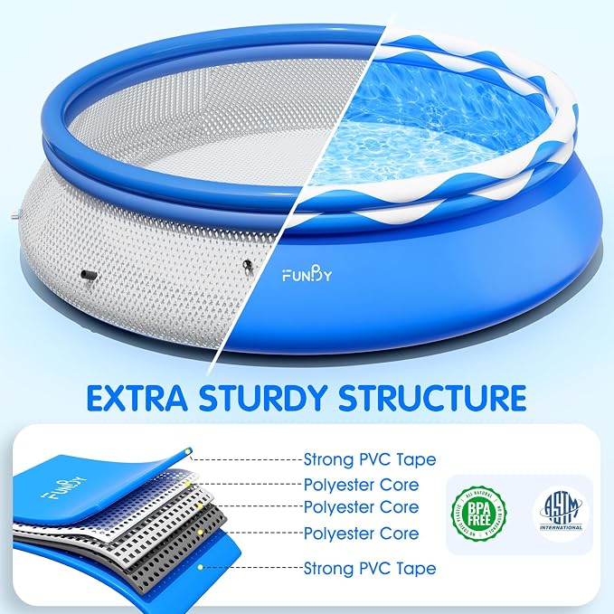 FunBy Upgraded Double Rings Inflatable Above Ground Swimming Pool Easy Set for Adults, Inflatable Top Rings Above Ground Swimming Pool, Water Ripple Print, 500 Gal Capacity (8ftx25in)