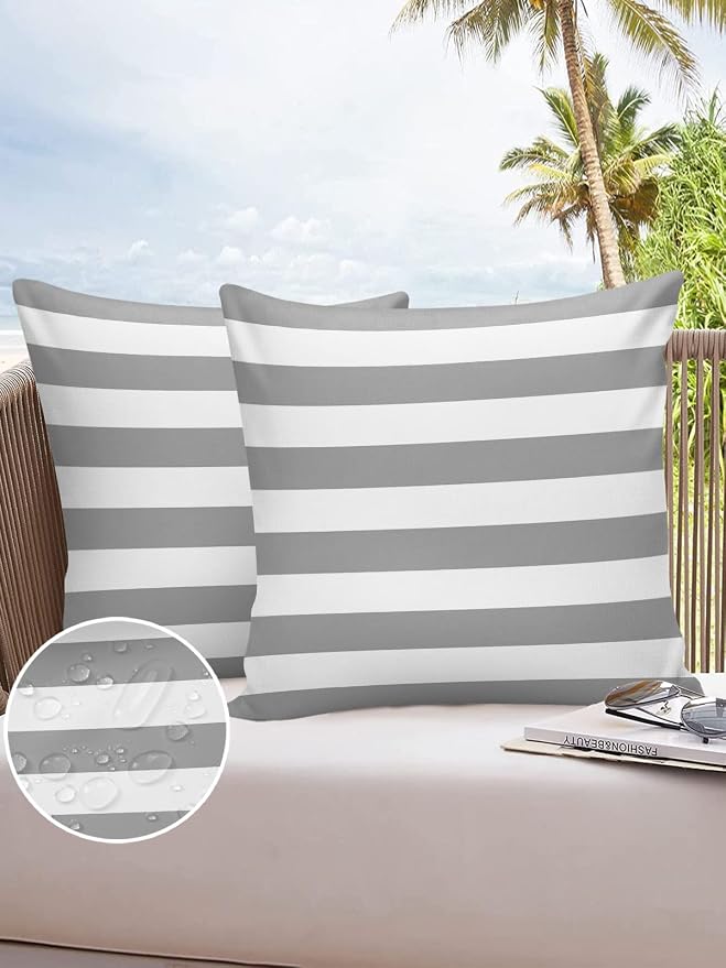 Outdoor Waterproof Pillow Covers for Patio Furniture Solid Striped Decorative Throw Pillow Cover Grey Pillowcases Set of 2 Cushion Case for Sofa Couch Chair Home Decor 20 x 20 Inches