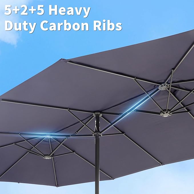 15FT Large Double Sided Patio Umbrella, Aluminum Crank and Heavy Duty Carbon Steel Ribs Outdoor Umbrellas, Fade Resistant Rectangular Market Umbrella for Garden, Patio, Restaurant, Business, Deck, Backyard, Party, Navy Blue