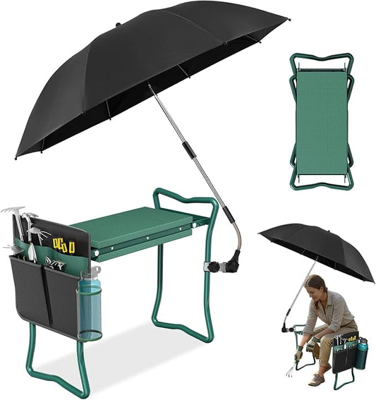 OAOA innovation 2-in-1 Garden Kneeler with Umbrella, Kneeling Bench & Black Umbrella, Portable Stool 330lb Capacity, Garden Tools Bag with Bottle Holder, Gardening Gift for Men Women Seniors