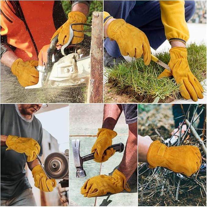 OZERO Leather Work Gloves, Gardening Gloves, Cowhide, Mesh Lining, 1Pair, L | Flexible Grip, Keystone Thumb, Elastic Wrist, Breathable Unlined Comfort for Yard Work, Firewood, Landscaping and Farm Tasks