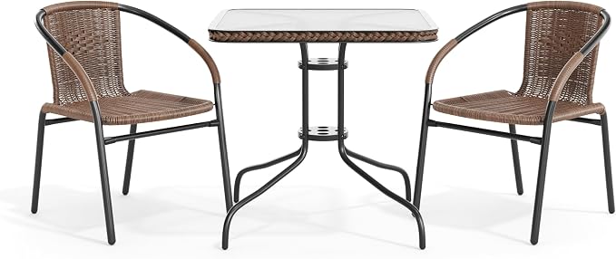 Flash Furniture Lila 3-Piece 28" Square Indoor/Outdoor Patio Table and Chairs Set, Glass Metal Bistro Table and 2 Stacking Rattan Chairs, Brown | Tempered Glass, Dark Brown Rattan Edging, 2 Rattan Stack Chairs