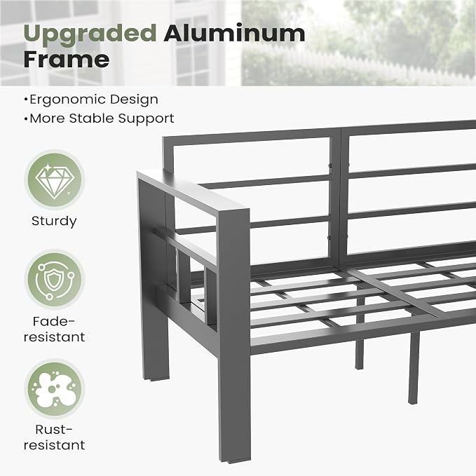 3 Piece Aluminum Patio Furniture Set, Thick Cushions, Aluminum Outdoor Sectional Conversation Set with Coffee Table for Porch, Backyard, Deck(Grey/Dark Grey)