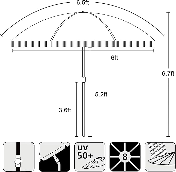 AMMSUN 6.5ft Heavy Duty HIGH Wind fringe Beach Umbrella with sand anchor Vent Tilt Portable Sun Shelter UPF 50+ Windproof Outdoor Sunshade Umbrellas Carry Bag for Patio Garden Pool Backyard Sports
