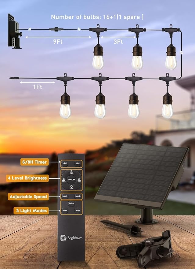 Brightown 55FT Solar String Lights Outdoor, 16+1 Shatterproof LED Lights | Waterproof, Remote Control, Dimmable, Timer, 3 Light Modes Solar Lights for Yard, Camping, Parties and Outdoor Decor