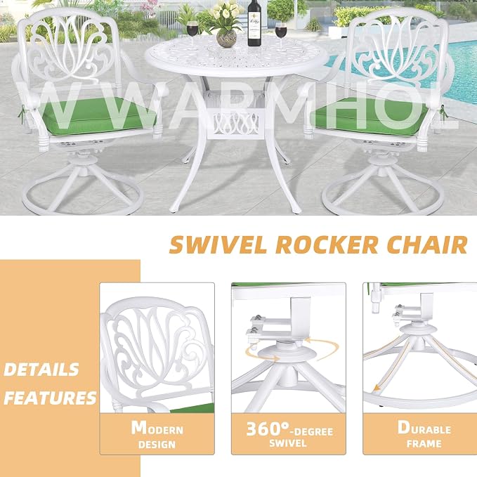 3-Piece Outdoor Patio Dining Set, All-Weather Cast Aluminum Patio Furniture Set for Backyard Garden Deck with 2 Swivel Cushioned Chairs and 35.4” Round Table, 2" Umbrella Hole, White