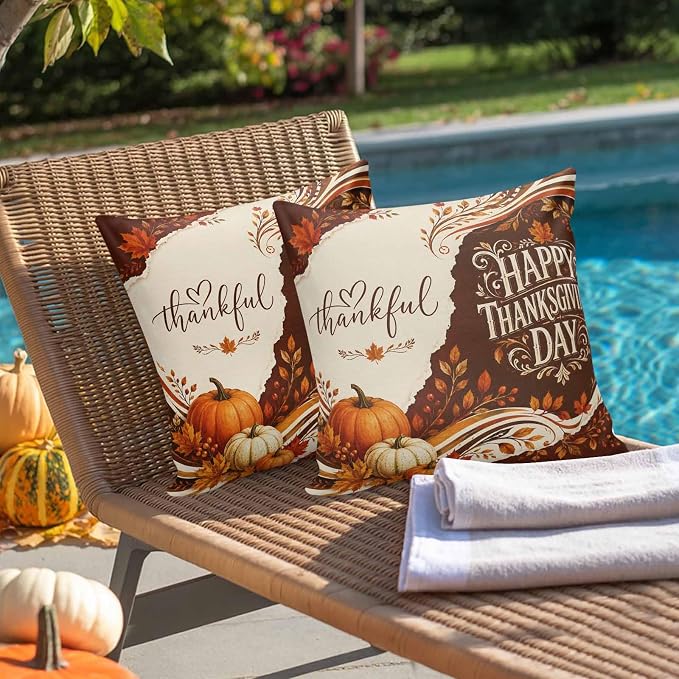 Thanksgiving Throw Pillow Covers 20x20 Inch Set of 2, Fall Pumpkins Waterproof Outdoor Pillow Covers, Maple Leaves Vintage Autumn Decorative Cushion Pillowcases for Couch, Sofa, Bed, Garden, Patio