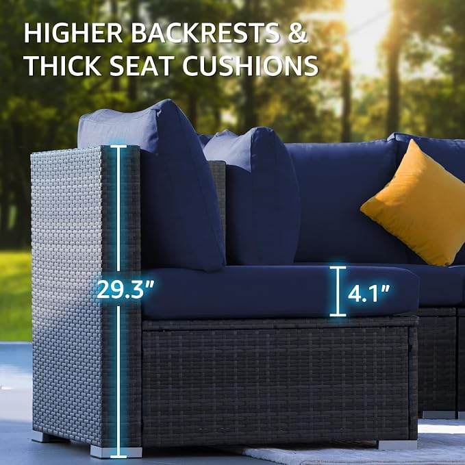 NICESOUL 20 Piece Extra Large Patio Furniture Set w/Fire Pit Table & Chaise Lounge, Modern Luxury Outdoor Group Seating w/Firepit, Comfortable 29.3" High-Back Sectional Couch Deep Seat, Gray & Blue