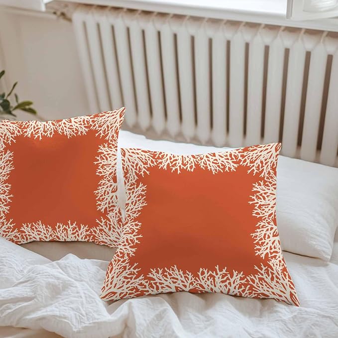 Vandarllin Outdoor Throw Pillows Covers 18x18 inch Set of 2 Waterproof Orange Coral Decorative Zippered Cushion Covers for Patio Furniture, Coastal Marine Life Lumbar Pillowcases