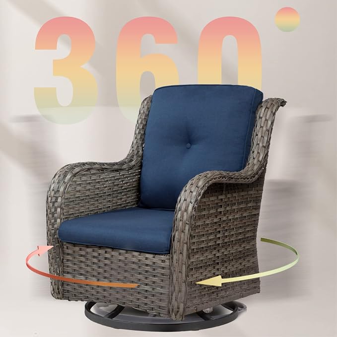 Outdoor Swivel Rocker Wicker Chair, High Back Swivel Patio Chairs Wicker Furniture, 1PC Rattan Swivel Rocking Chair with OIefin Cushions(Mixed Grey/Dark Blue)