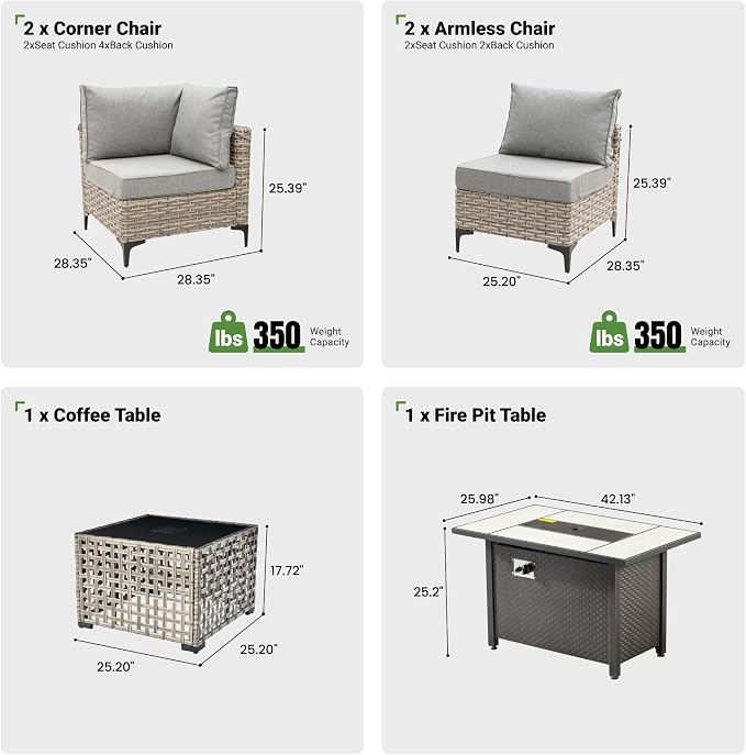 6 Pcs Patio Furniture with Fire Pit Table, Outdoor Rattan Wicker Conversation Set with Glowing Coffee Table, Comfy Sectional Sofa for Porch Balcony Backyard Pool, Grey