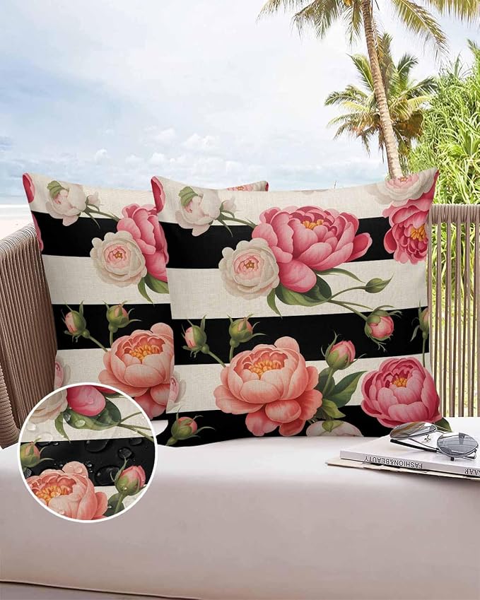Outdoor Waterproof Throw Pillow Covers Set of 2 Pink Peony Rose Pillowcases 24x24 Inches Floral Black Stripes Linen Decorative Pillows Cushion Case Patio Pillows for Couch Bed Chair Garden