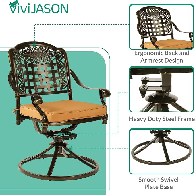 VIVIJASON 5-Piece Outdoor Patio Dining Set, All-Weather Cast Aluminum Conversation Set, Patio Furniture Set for Balcony Lawn Garden, Include 4 Swivel Chairs, a 38.5" Round Table w/Umbrella Hole
