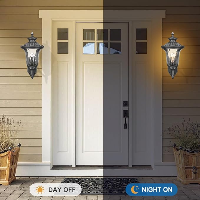 Outdoor Light Fixtures Wall Mount, Waterproof Exterior Wall Lanterns with Waer Ripple Glass, Outside Sconces, Front Porch Lights for House Garage Doorway Patio, 22'' Large Black