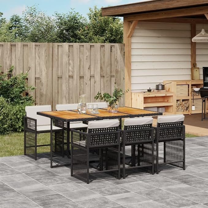 7 Piece Outdoor Dining Set, Acacia Wood and Poly Rattan Patio Furniture with 6 Comfortable Chairs, Foldable Garden Dining Table for Backyard Balcony