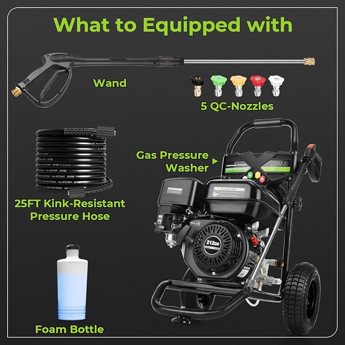 Professional 4200PSI 4GPM 212CC Gas Pressure Washer, 7.0HP Heavy-Duty 3600RPM Commercial Gas Power Washer with 1000ML Foam Bottle 9" Wheels 5 Nozzles 25FT Hose (EPA/CARB/ETL Compliant), Black