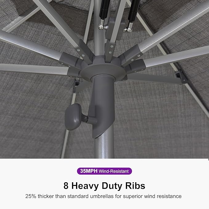 PURPLE LEAF 10 FT Semi-Auto Outdoor Patio Umbrella with Base Market Table Sun Umbrellas with 8 Aluminum Sturdy Ribs for Backyard Deck Garden Pool (Silver Pole Gray Canopy)