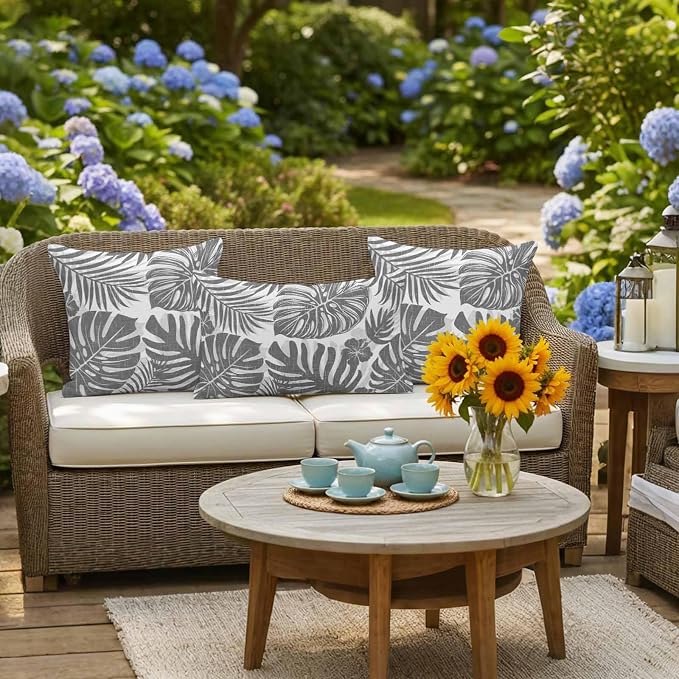 Grey Palm Leaves Outdoor Pillow Covers 18"x18" Set of 2, Tropical Botanical Minimalist Modern Waterproof Throw Pillow Covers for Patio Furniture, Decorative Cushion Covers for Porch