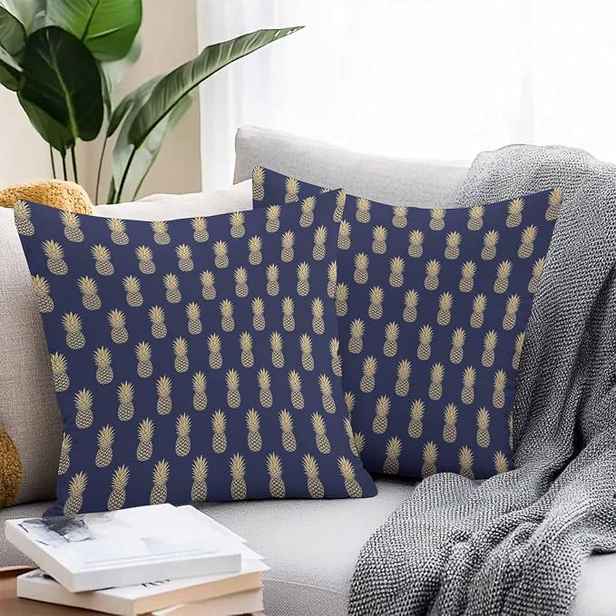 Summer Pineapple Outdoor Pillow Covers Waterproof,All Weather Cushion Case Set of 2 Decorative Pillowcases for Sofa Couch Bed Decor Patio Furniture 24"x24" Tropical Fruit Geometric Navy Blue